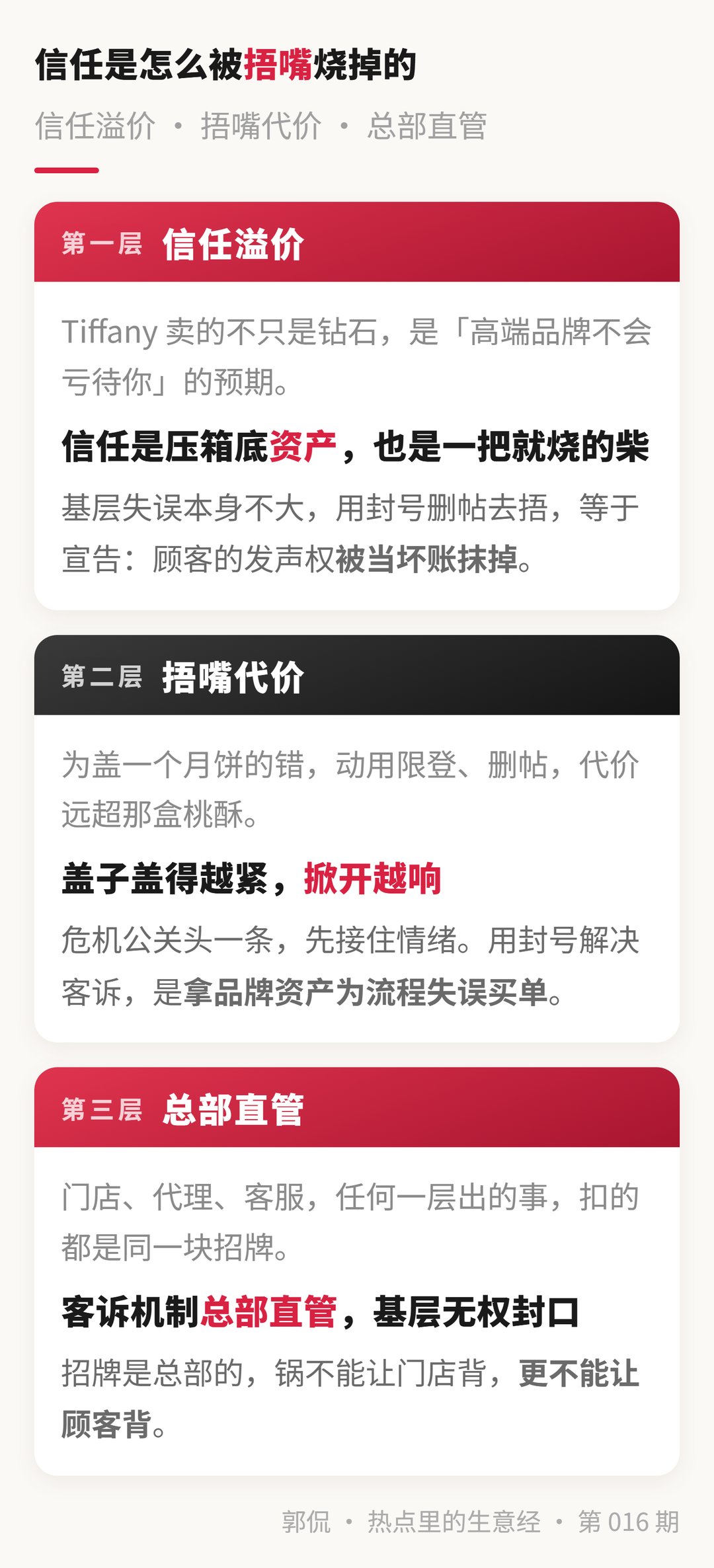 三层拆解 · 信任溢价 / 捂嘴代价 / 总部直管